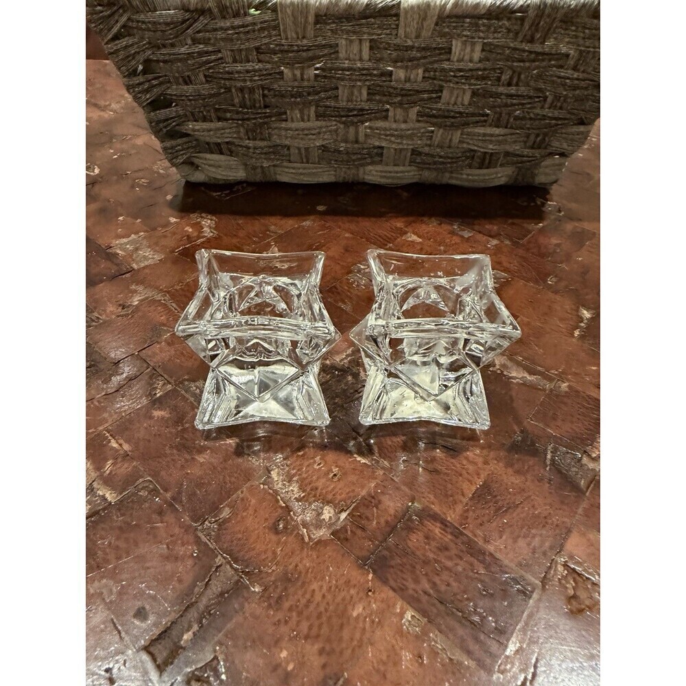 Vintage 24% Leaded Crystal Taper  Candle Holders Double Star USA 1.75 " Tall